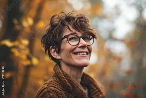 Mature woman in autumn park. Portrait of a middle-aged woman in glasses.