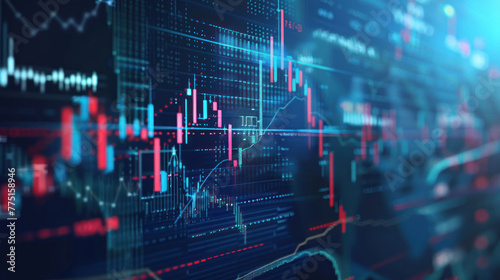 A complex, high-tech image showcasing stock market chart with uptrends and downtrends within a digital interface