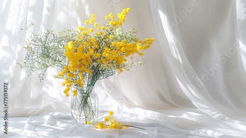 Magnificent Acacia dealbata, silver wattle or yellow mimosa flower with white gypsophila