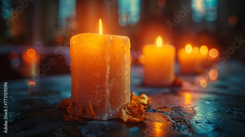 Glowing Candles in a Darkened Sanctuary Signifying Light and Guidance