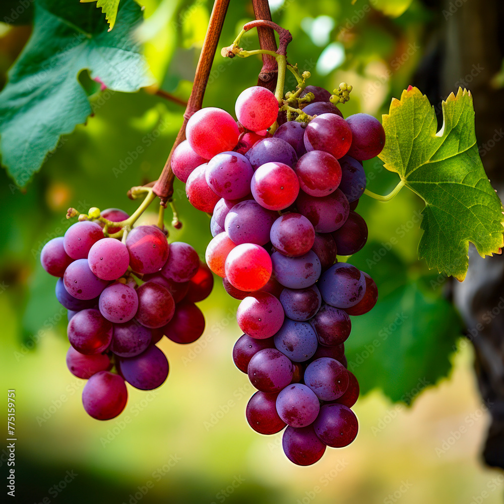 lifestyle photo ripe red grape bunch on vine.