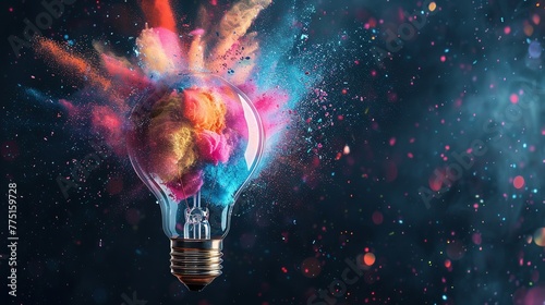 a light bulb with a colorful explosion of powder in it, black background