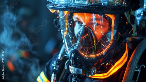 A firefighter in a full body suit with a mask on his face. The mask is glowing orange