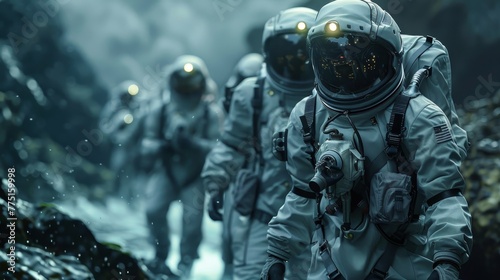 A group of astronauts are walking through a rocky area. Scene is adventurous and exciting, as the astronauts are exploring a new and unknown environment