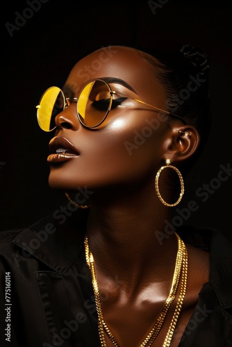 A high-fashion model wearing gold sunglasses, showcasing the bold and elegant design of minimal round frames with clear lenses. She's adorned in luxury jewelry