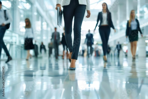 Blurred background of business people walking in the office, blurred motion and focus on foreground business woman wearing a suit holding a file or documents