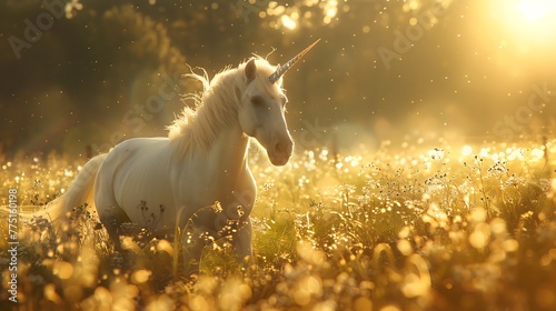 A mythical unicorn frolicking in a sunlit meadow, its iridescent horn catching the light © Be Naturally