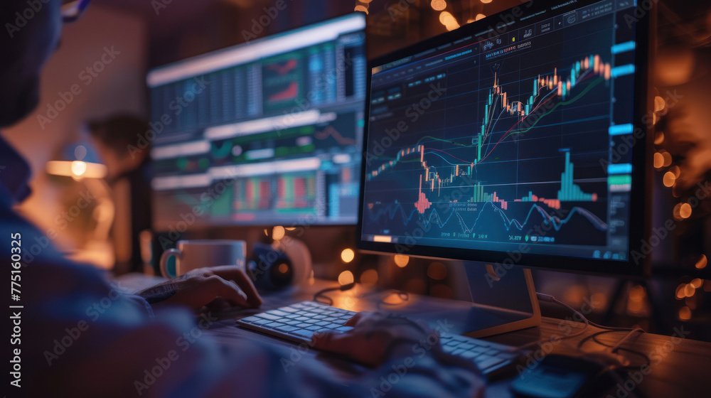 A detail-oriented trader at his desk examines live updating figures and graphs relating to stocks and trades A detail-oriented trader at his desk examines live updating figures and graphs relating to stocks and trades