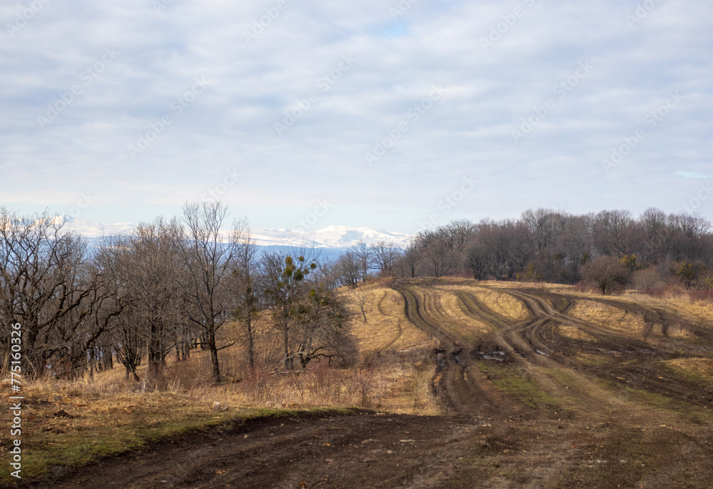 morning in the nature park, awakening of nature, mountainous terrain panorama and dirt roads morning in the nature park, awakening of nature, mountainous terrain panorama and dirt roads