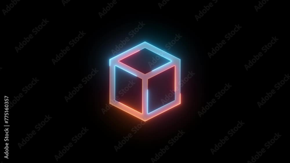 Neon 3d square shape box icon brown cyan color glowing animation black background Neon 3d square shape box icon brown cyan color glowing animation black background