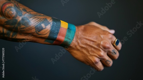 A man's arm with a colorful bandage on it. The bandage is made of glitter and is in the shape of a rainbow photo