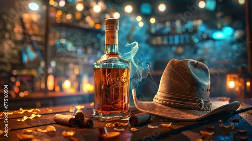 bottle of whiskey in a bar next to a cowboy hat