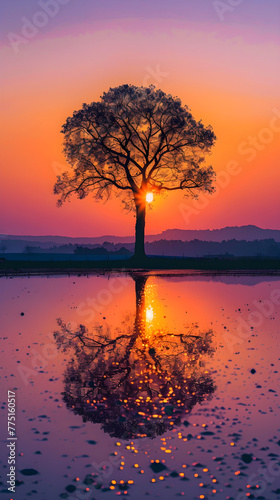 Serene Sunset Over Lake in Rural Scene with Big Tree Silhouette