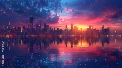 dramatic sunset over city skyline with reflections on water, urban landscape photography