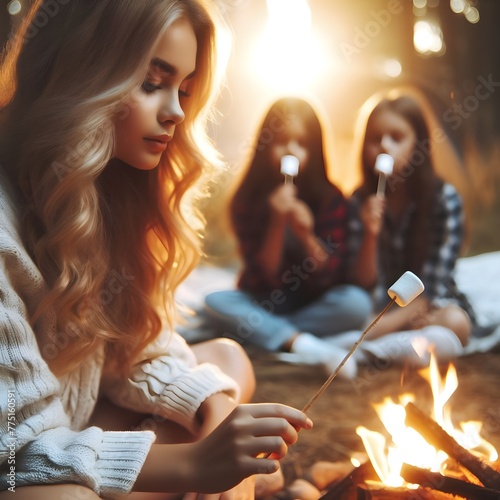 Close portrait of teen lady and girls with marshmallows at campfire, summer camp concept photo