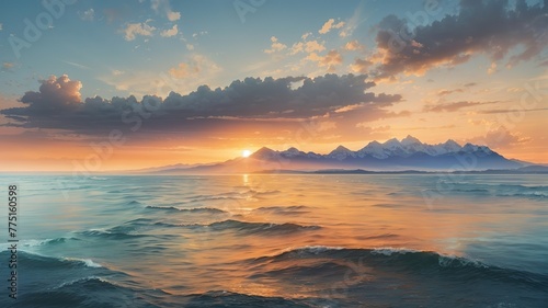 Sunset against the sea and mountains photo
