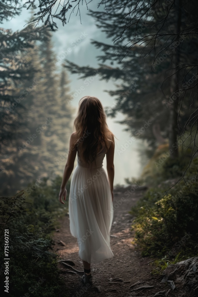 Ethereal image of a woman in a white dress walking towards a misty forest, inciting mystery and adventure Ethereal image of a woman in a white dress walking towards a misty forest, inciting mystery and adventure