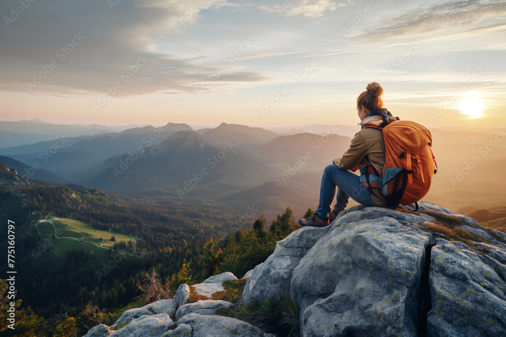 A majestic landscape scene of a hiker sitting on a mountain edge, embracing the awe-inspiring view of a sunset over the peaks A majestic landscape scene of a hiker sitting on a mountain edge, embracing the awe-inspiring view of a sunset over the peaks