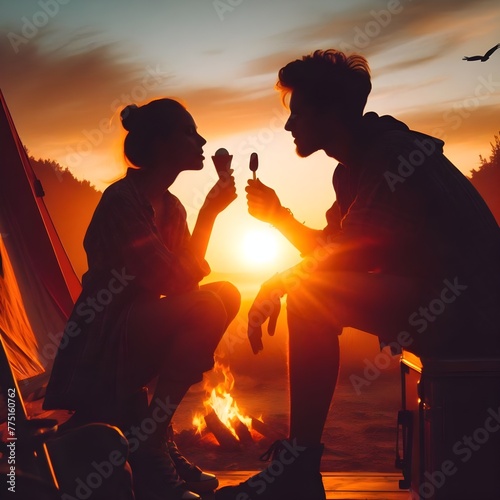 Happy man woman couple silhouette eating ice-cream at sunset with campfire,  summer concept