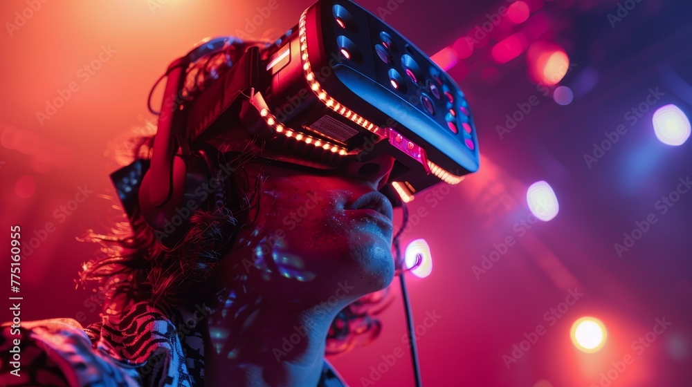 A man wearing a virtual reality headset is looking at a screen. The scene is set in a dark room with colorful lights