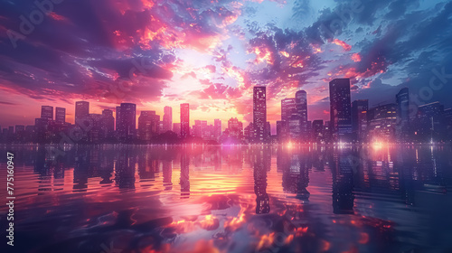 sunset cityscape reflection, urban skyline with colorful clouds and water