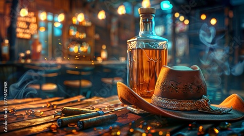 bottle of whiskey in a bar next to a cowboy hat and lit cigarettes in high resolution and high quality. liquor concept