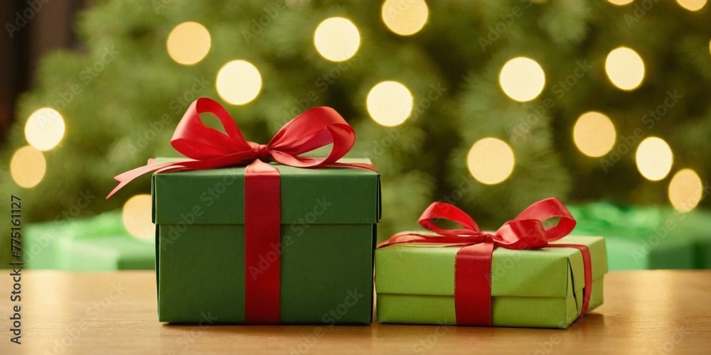 Green gift boxes with red ribbon on wooden table against defocused christmas lights. Green gift boxes with red ribbon on wooden table against defocused christmas lights.