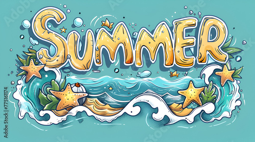 Summer welcome illustration with sea waves and sun with clouds, ai generated
