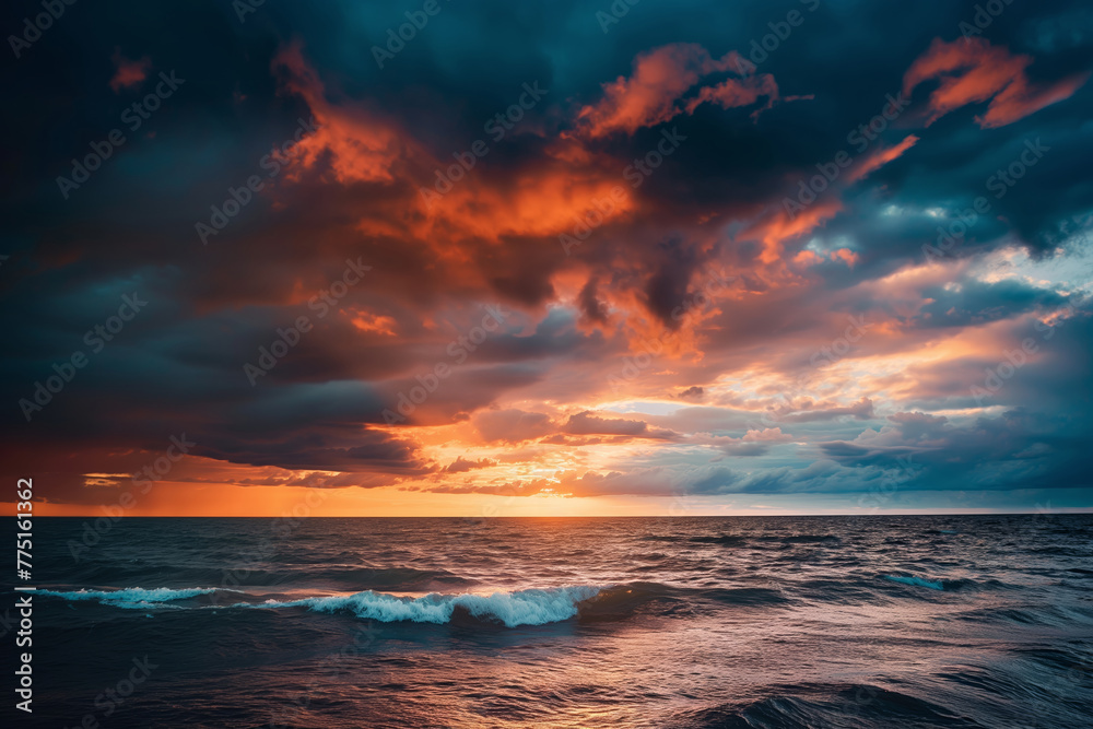 A breathtaking display of fiery clouds above a turbulent ocean scene captures the dynamic beauty of nature