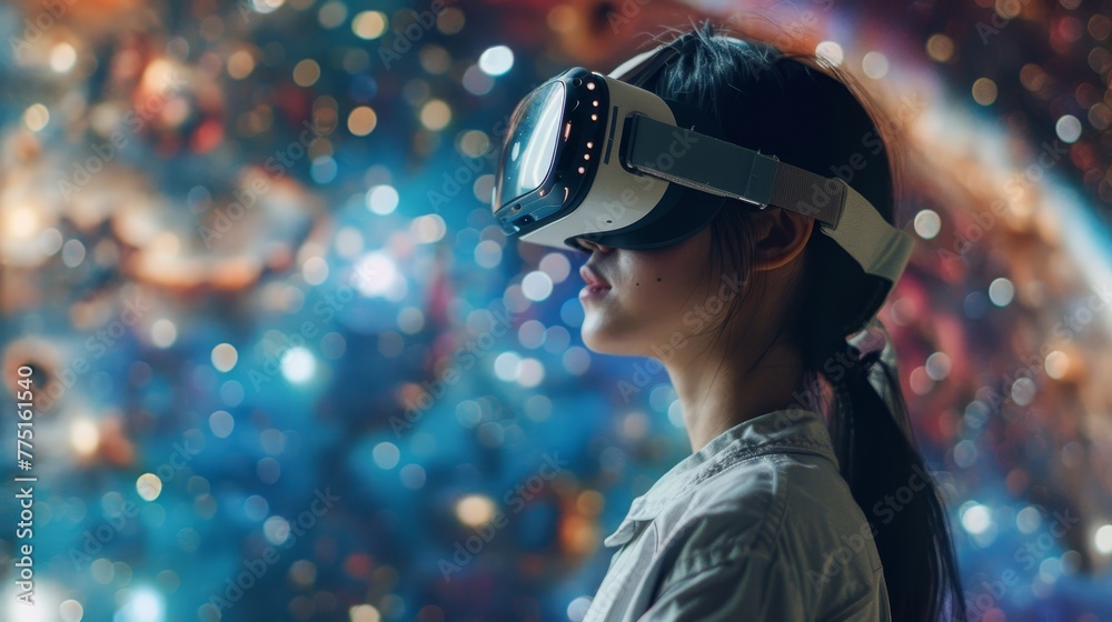 A woman wearing a virtual reality headset is looking at a colorful space. The scene is bright and lively, with a sense of wonder and excitement. The woman is enjoying the experience A woman wearing a virtual reality headset is looking at a colorful space. The scene is bright and lively, with a sense of wonder and excitement. The woman is enjoying the experience