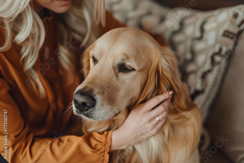 A woman is petting her dog in the living room