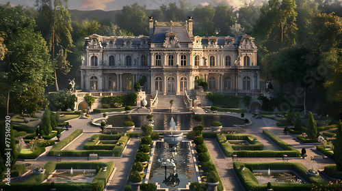 A palatial estate with sprawling gardens reminiscent of the grandeur of Versailles