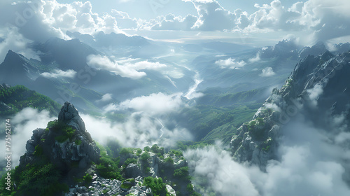A panoramic view from a mountaintop, where clouds cascade like waterfalls below