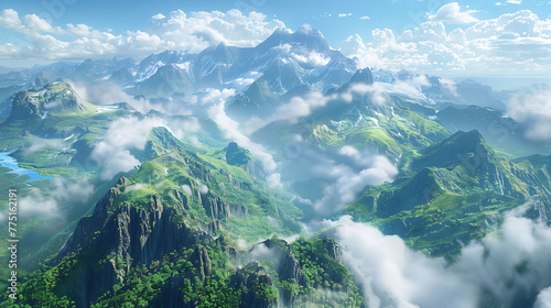 A panoramic view from a mountaintop, where clouds cascade like waterfalls below