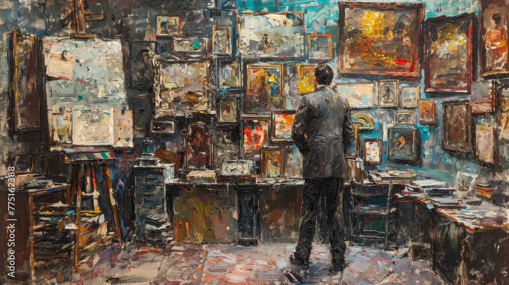 A man stands in front of a wall of framed paintings. The paintings are of various sizes and styles, and the man is admiring them. Scene is contemplative and appreciative A man stands in front of a wall of framed paintings. The paintings are of various sizes and styles, and the man is admiring them. Scene is contemplative and appreciative