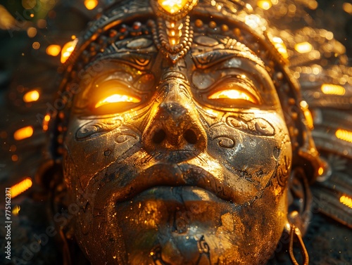 Sun God Inti Carvings Bathed in Golden Light The deitys image blends with the stone