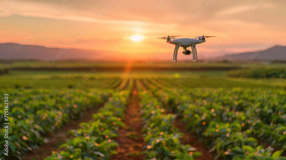 A drone is flying over a field of green plants. The sky is orange and the sun is setting