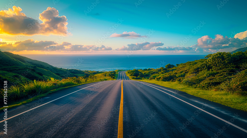 Naklejka premium Open road leading through a picturesque landscape, invoking the spirit of adventure and the freedom of travel