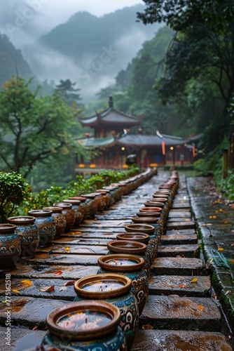 Buddhist Prayer Wheels Spinning Alongside a Mountain Path © Interior Stock Photo