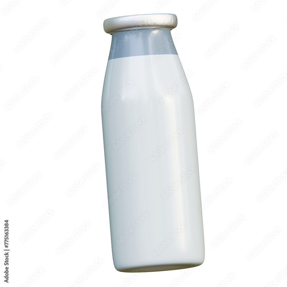 A bottle of milk. Glass container with fresh milk produced on the farm. Natural product. 3D render illustration in cartoon style. Transparent background, isolation. A bottle of milk. Glass container with fresh milk produced on the farm. Natural product. 3D render illustration in cartoon style. Transparent background, isolation.