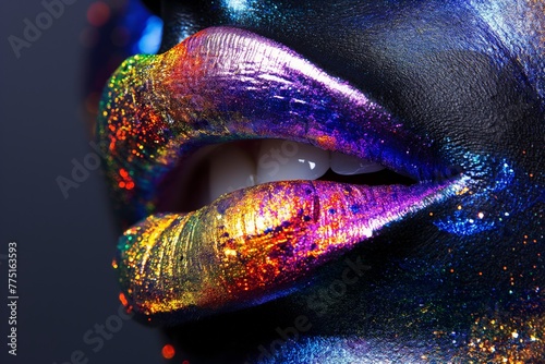 Close-up of luscious lips covered in sparkling multicolored glitter, showing creative makeup artistry.