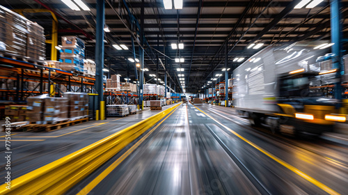 a truck moving fast in motion blur , warehouse shipping good expedition international 