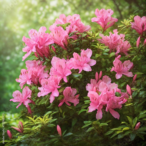Natural Azalea Flowers With Dreamy Green Foliage Background (ID: 775163923)