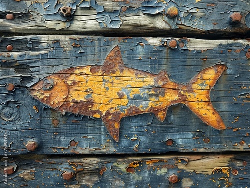 Christian Fish Symbol Etched onto a Weathered Pier The simple outline blends into the wood photo