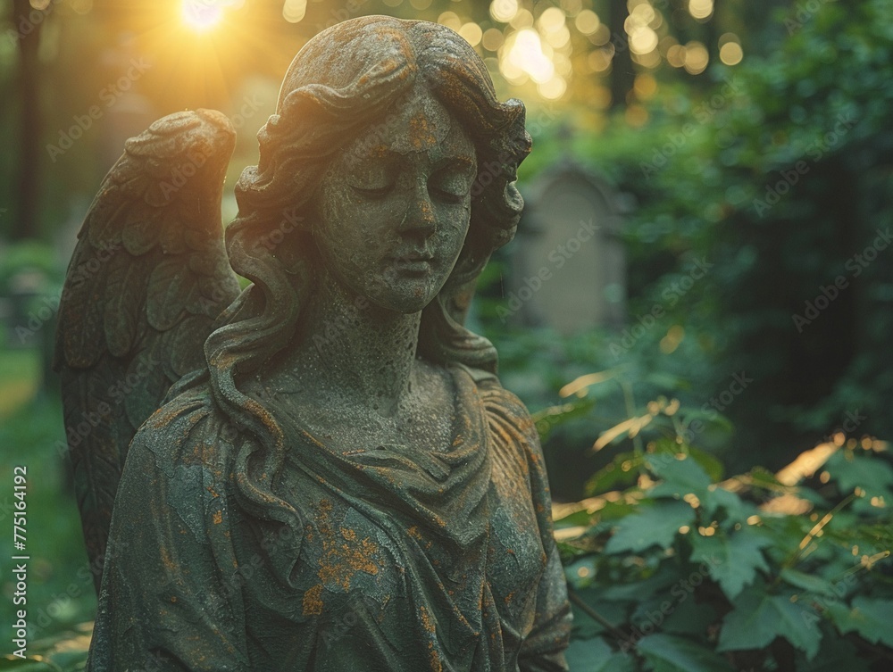 Obraz premium Angel Statue Silently Guarding a Timeless Cemetery The statues outline blurs with the trees