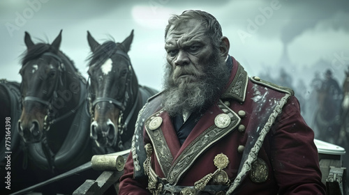 A wise man with a beard stands proudly next to a majestic group of horses, embodying a sense of connection and respect towards the magnificent creatures.