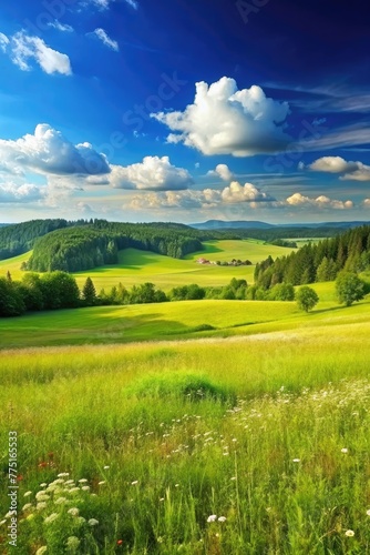 Beautiful summer landscape with green meadow and blue sky with clouds © tnihousestudio