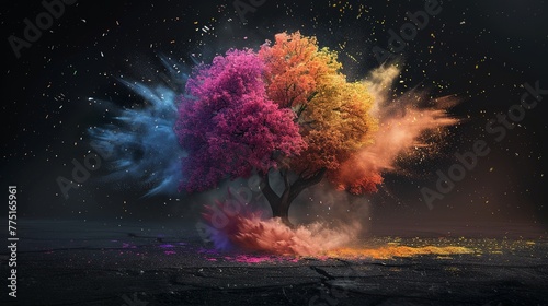 A tree made of colorful dust on a black background starts to be blown away by the wind photo