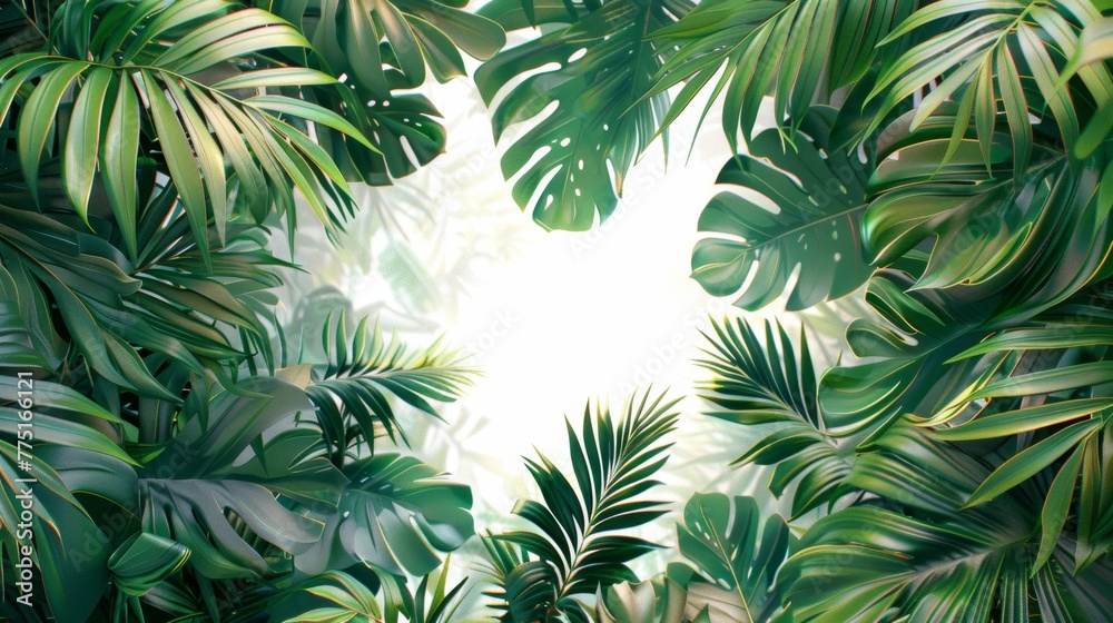 White frame on a background of tropical green leaves with place for text, invitation or banner White frame on a background of tropical green leaves with place for text, invitation or banner