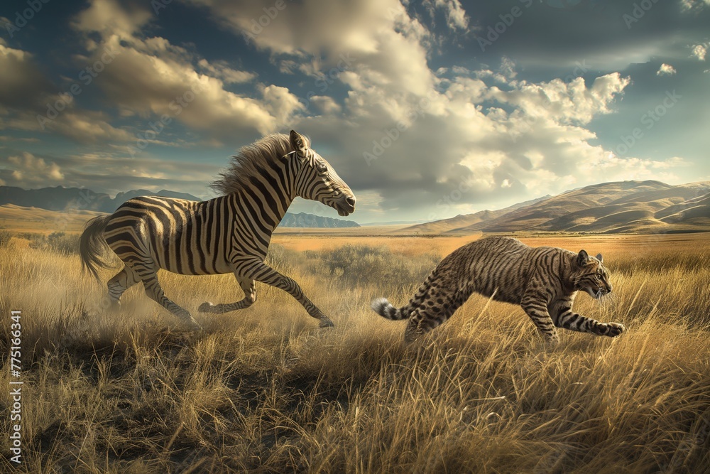 Fototapeta premium A zebra and a domestic cat sprint across a golden savannah under a dramatic sky.